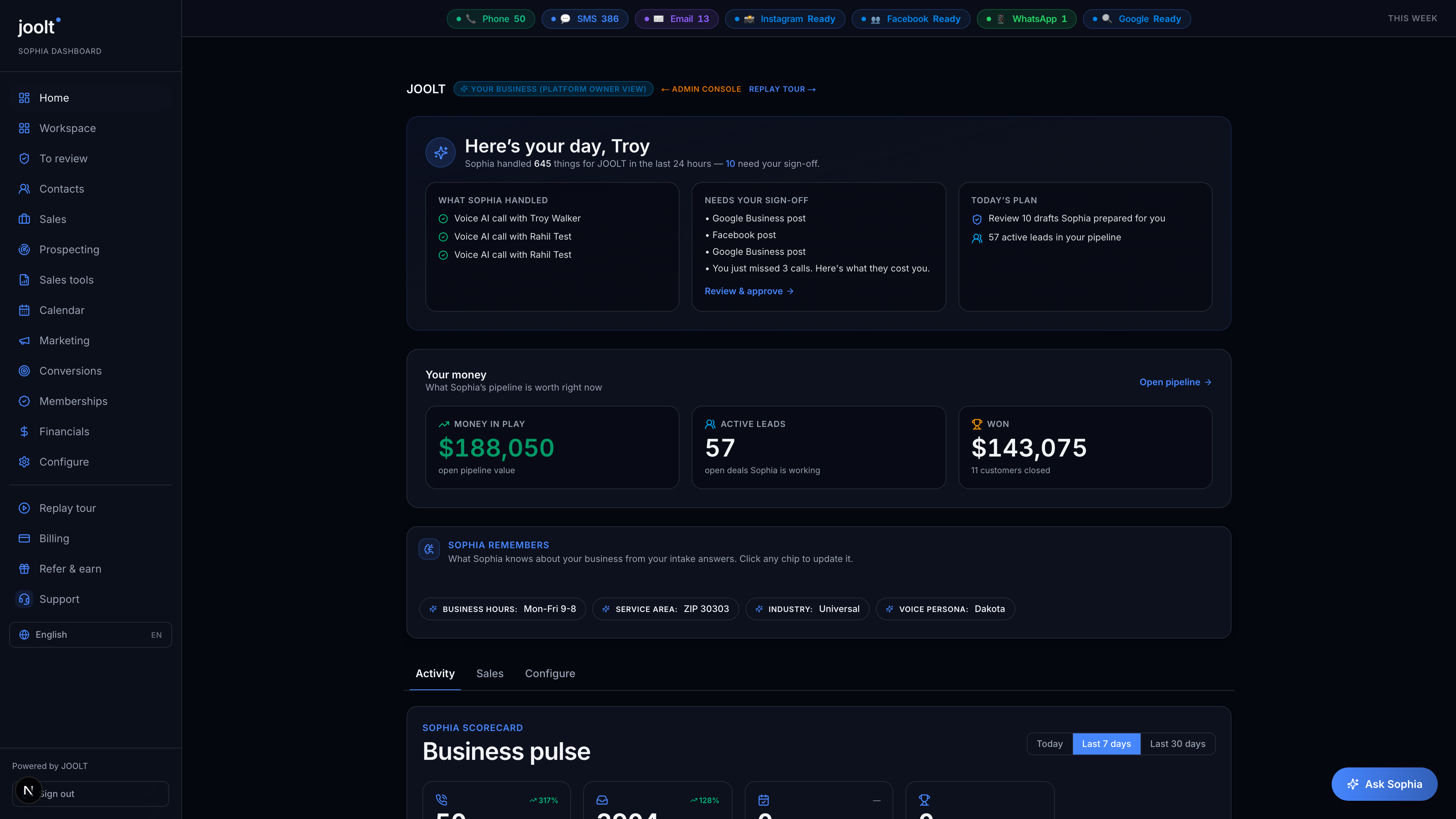 JOOLT dashboard hero from a 30-day HVAC pilot showing this-week metrics tiles for calls handled, leads captured, and bookings, with recent-activity timeline running down the side