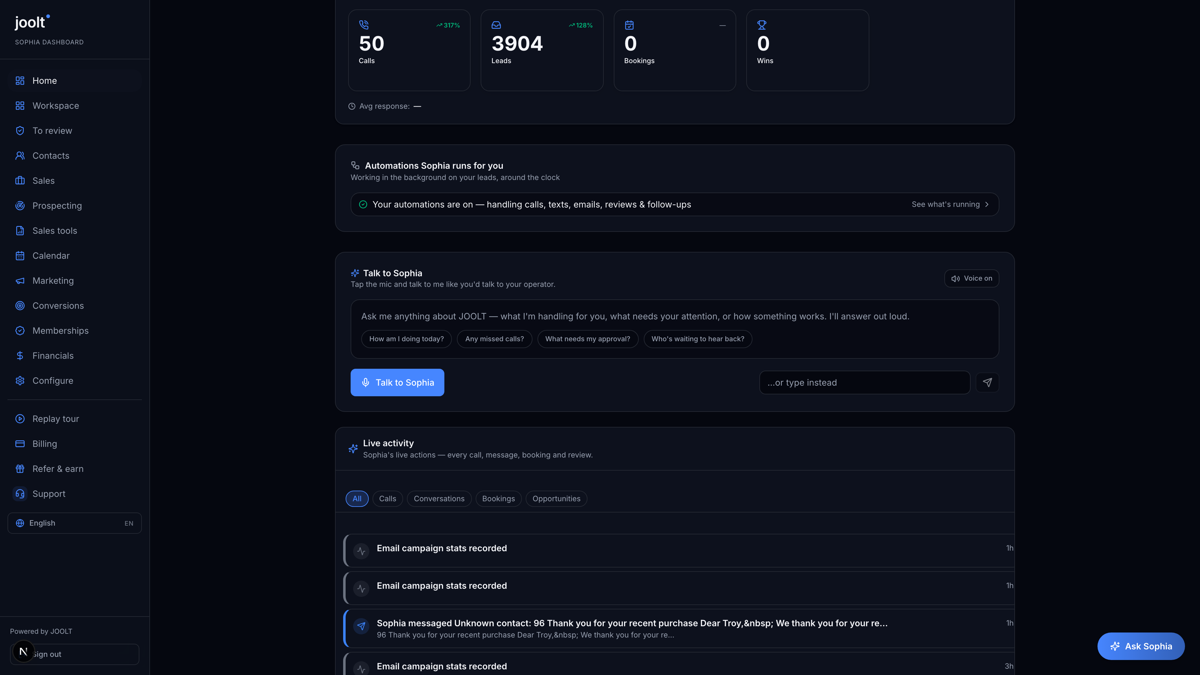 JOOLT activity feed from the same HVAC pilot: a chronological stream of Sophia events including inbound calls answered with caller intent tags, leads written to CRM, bookings synced to Google Calendar, and Slack alerts fired to the owner