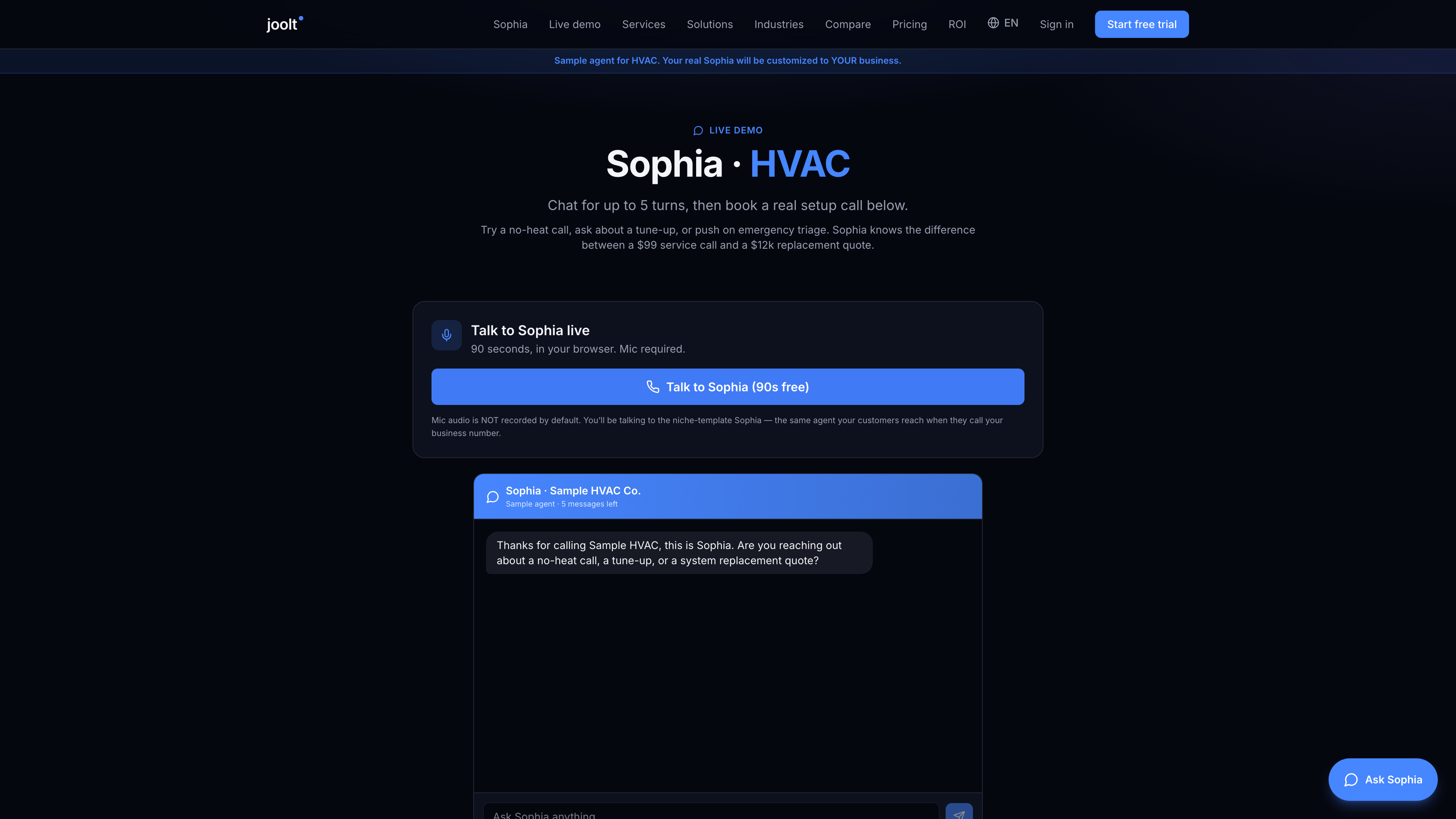JOOLT voice demo page with the Talk to Sophia button highlighted in a hover state, surrounded by the niche selector, latency expectations, and a 'no card required, 90 seconds' assurance line