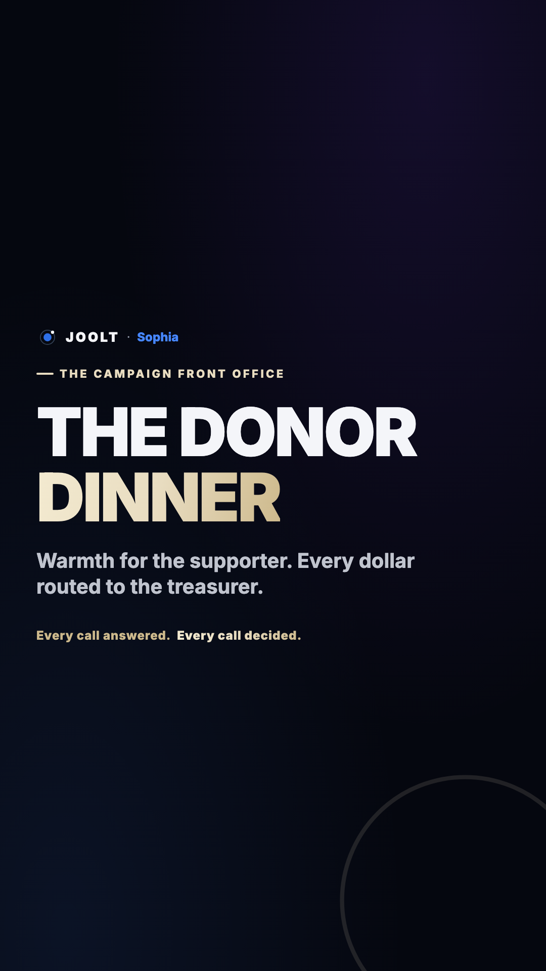 The donor dinner — warmth for the supporter, every dollar to the treasurer