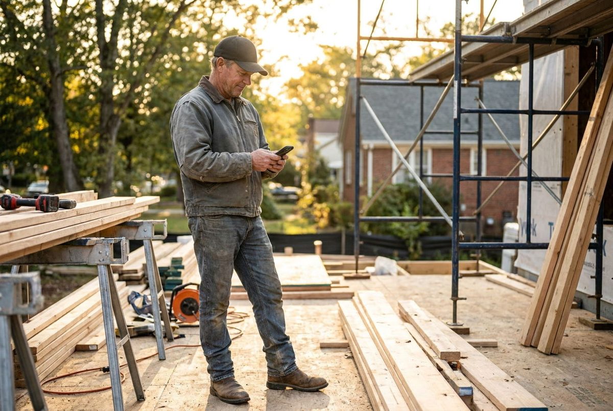A contractor checking his phone on site (Illustration)