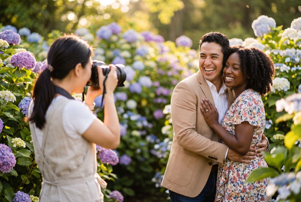 A photographer takes a picture of a couple in a garden (Sample)